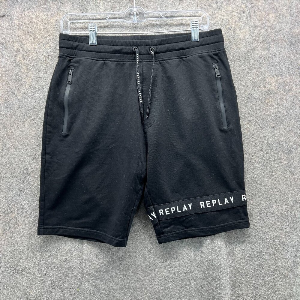 Replay Shorts Men Medium Adult Black White Athletic Elastic Waist Fleece Stretch
